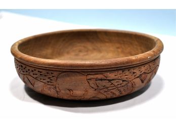Vintage Carved Wood Bowl With Animals