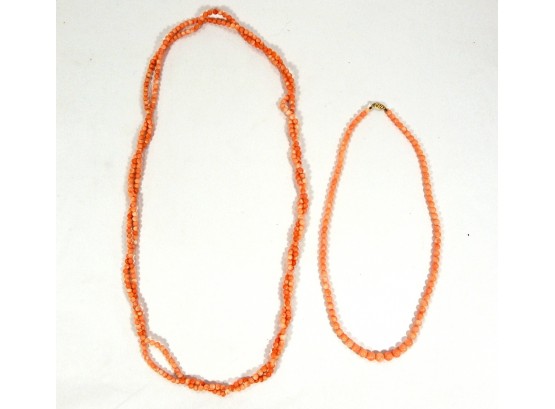 Lot 2 Pink Coral & 14K Gold Necklaces
