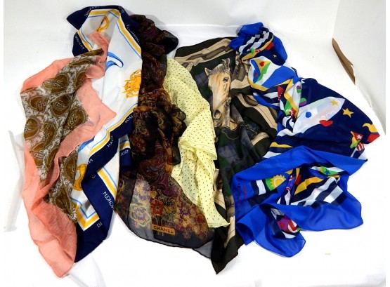 Lot 6 Authentic Designers Scarfs : CHANEL, HAGA, ALFRED SUNG, BROOKS BROTHERS