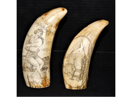 Vintage Reproduction Scrimshaw Whales Teeth Ships & Nudes