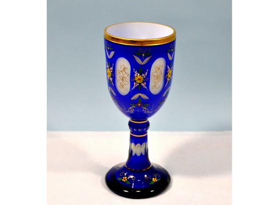 Antique Bohemian Blue Medallion Tall Cut Glass & Gilt Goblet