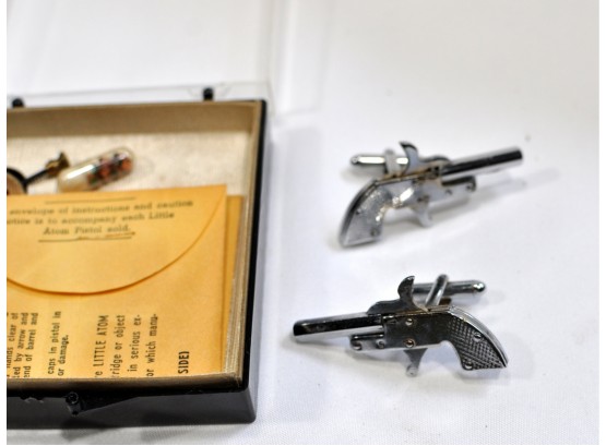 Pair Vintage Miniature 2mm Pinfire Pistol Cufflinks With Box Instruction Caps