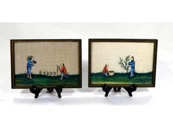 Pair Antique Original 19th Century Chinese Rice Paper Painting Genre Scenes