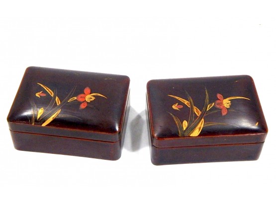 Pair Vintage Oriental Lacquered Boxes Hand Painted