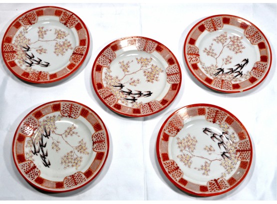 Set 5 Antique Chinese Plates Swallows & Blossom Tree