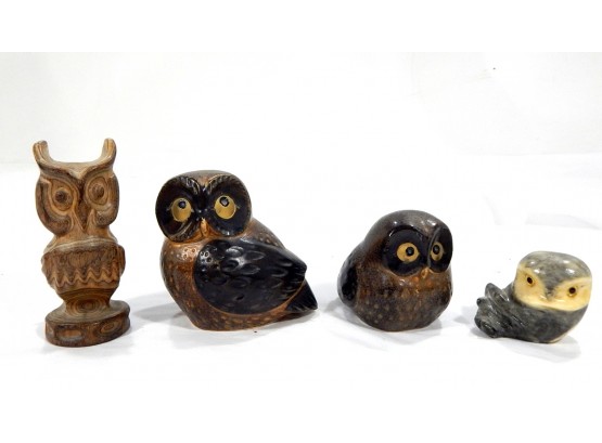 Vintage OWL Figurine Grouping Alabaster Ceramic Wood