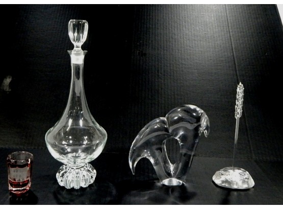Vintage Glass Lot: Decanter, Abstract Figure, German Shot Glass