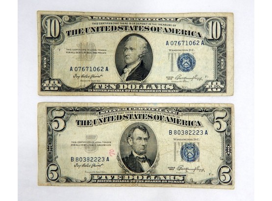 Lot 2-1953 Silver Certificates $10 & $5 Bills