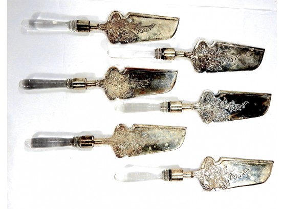 Set 6 Vintage Cake Servers Chased Silverplate With Glass Handles