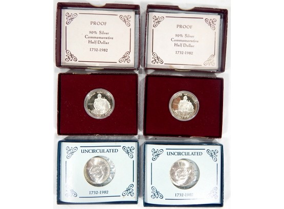 Lot 4 Boxed 1982  George Washington Commemorative Silver Half Dollars With COA