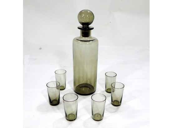 Vintage MCM Green-Gray Glass Cordial Set Of 6 With Decanter