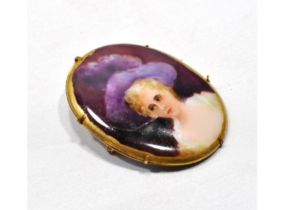 Antique Miniature Painting On Porcelain Woman Brooch