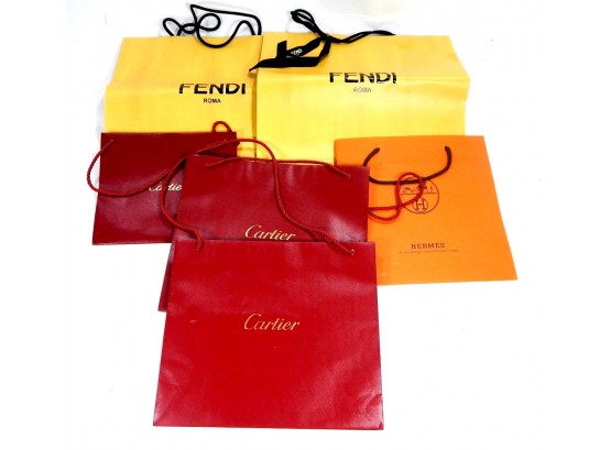 Lot 6 Authentic Designers Shopping Bags: Hermes, Fendi, Cartier