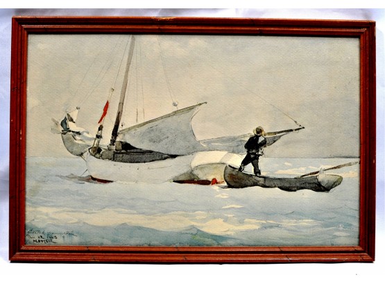 Vintage Winslow Homer Framed Print 'Stowing Sail 1903'