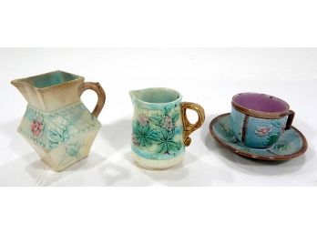 Antique MAJOLICA Lot: Cup & Saucer, Creamer, Pitcher
