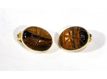 Vintage Tiger Eye Stone & Gilt Sterling Silver Scarab Earrings