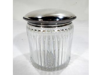 Large Antique Cut Glass Jar Sterling Silver Lid
