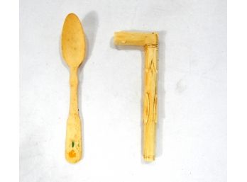 Antique Carved Ivory Lot: Cane Handle & Spoon