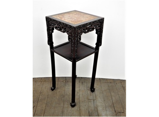 Antique Oriental Carved Rosewood Marble Top Plant Stand