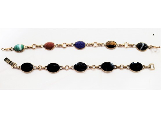 Two Gold Filled Scarab And Onyx Bracelets