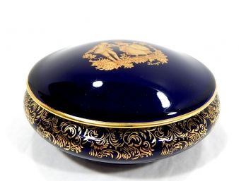 Beautiful LIMOGES Porcelain Vanity Box Cobalt Blue & Gild W/ Colonial Couple