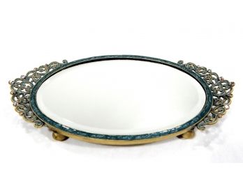 Vintage Faceted Mirror Dresser Tray Enameled With Stones