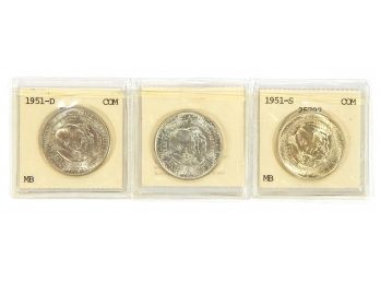 PDS Set 1951,1951-D,1951-S Washington/Carver Silver Half Dollar BU