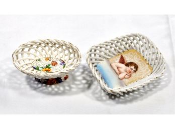 Pair Miniature Antique Porcelain Reticulated Weave Baskets Germany Hand Painted