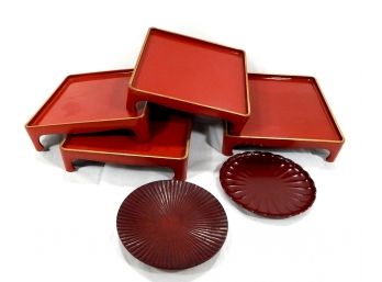 Lot 4 Oriental Lacquered Trays & 2 Plates