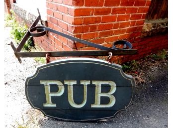 Real Vintage 'PUB' Sign Carved Wood W/ Wrought Iron Bracket