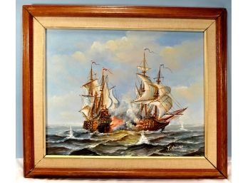 Original J. Harvey Oil On Canvas Sea Battle Scene Painting Ships