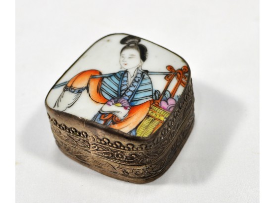 Antique Silver Chinese Trinket Box Hand Painted Porcelain Lid