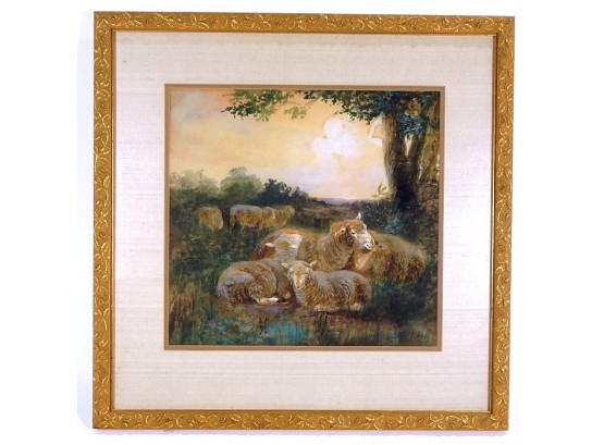 Antique Watercolor Painting Landscape With Sheep
