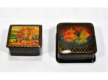 Pair Vintage Russian Lacquered Boxes Signed