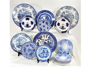 Large Blue & White China Porcelain Plates Grouping