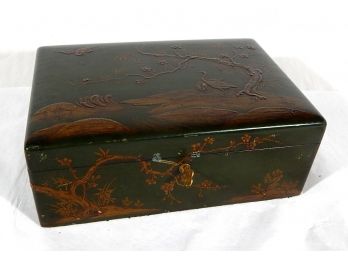 Vintage Oriental Lacquered Humidor Box With Key