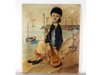 Vintage French Painting Sailor Girl With Guitar Carloti