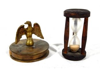 Antique Hour Glass & Eagle Paperweight With Magnifying Glass