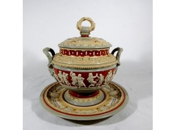 Large Antique Figural German METTLACH Tureen With Lid And Tray