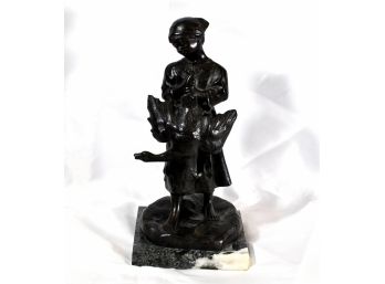 Antique Bronze Sculpture 'Girl With Goose' Marble Base Signed