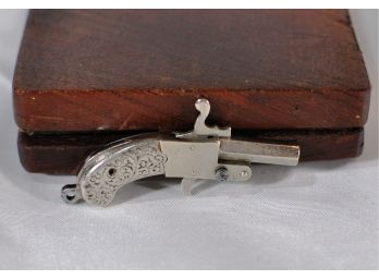Antique European Silver Miniature Pistol Gun Key Chain Fob Berloque With Wood Box