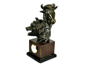 Vintage BAY-BERK Desk Clock Bear & Bull Bronze Sculpture