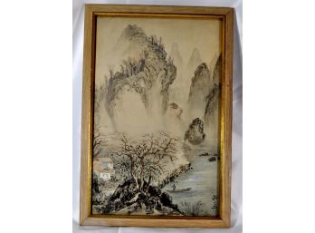 Vintage Oriental  Chinese Watercolor Fisherman Signed