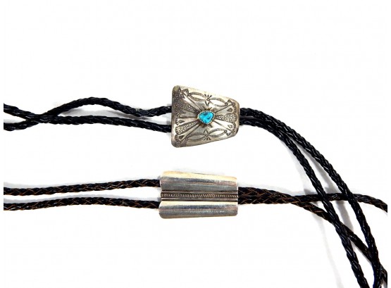 Pair Native American Silver And Gemstone Leather Bolo Necklaces Ties