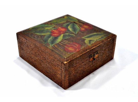 Antique Wood Box With Hinged Lid Carved & Hand Painted Berries