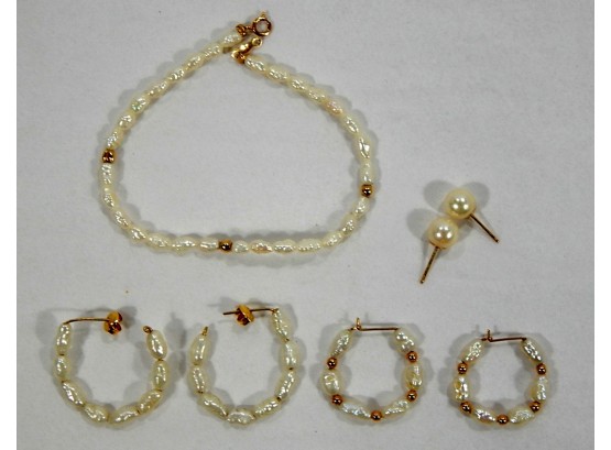 Vintage PEARL & 14K Gold Lot- Bracelet & 3 Pairs Of Earrings