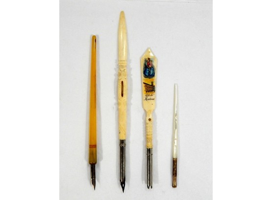 Lot 4 Antique Ink Dipping Pens- Ivory, Bakelite, Mother Of Pearl