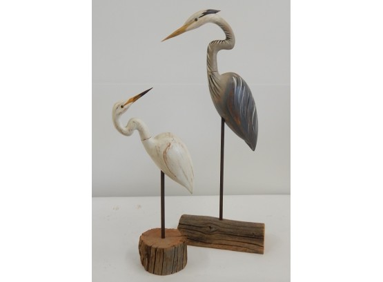 Two Hand Carved Wading Birds By Guge