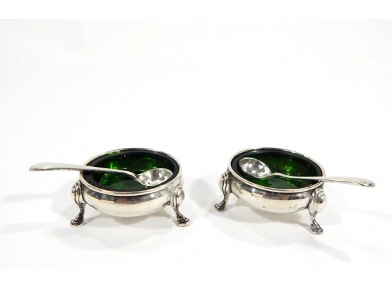 Pair Antique Sterling Silver 'Industria Argentina' Open Salt Cellars With Glass Inserts