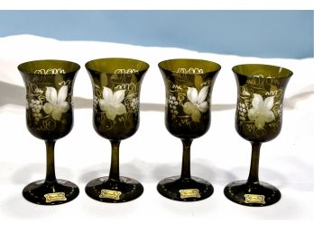 Set 4 Vintage New Bohemian EGERMAN Green Cut To Clear Etched Glasses